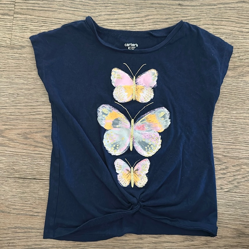 Carters Girls Short Sleeve Navy Blue Top Shirt Tee T-Shirt Butterfly Glitter 5